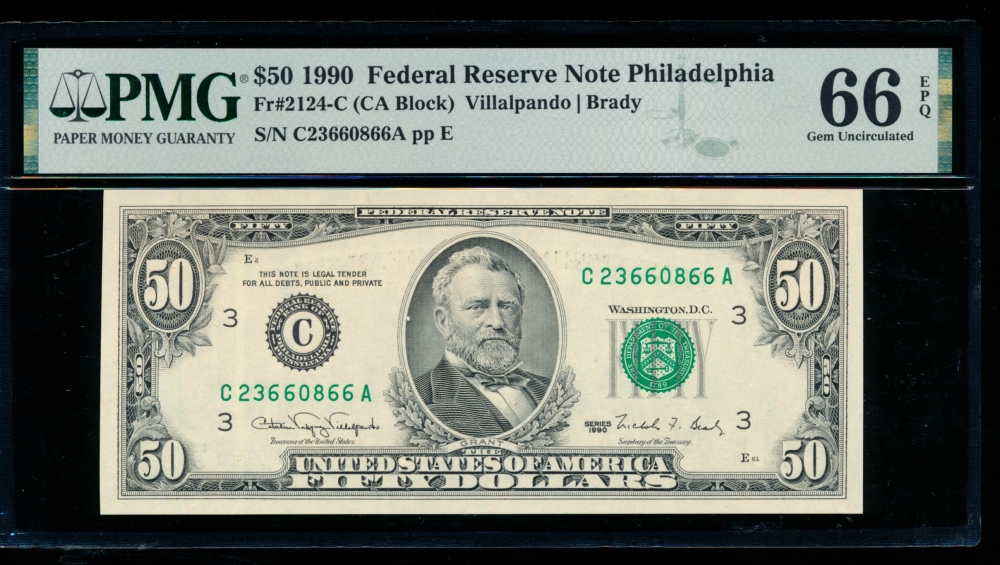 Fr. 2124-C 1990 $50  Federal Reserve Note Philadelphia PMG 66EPQ C23660866A