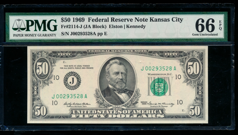 Fr. 2114-J 1969 $50  Federal Reserve Note Kansas City PMG 66EPQ J00293528A