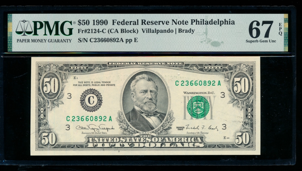 Fr. 2124-C 1990 $50  Federal Reserve Note Philadelphia PMG 67EPQ C23660892A