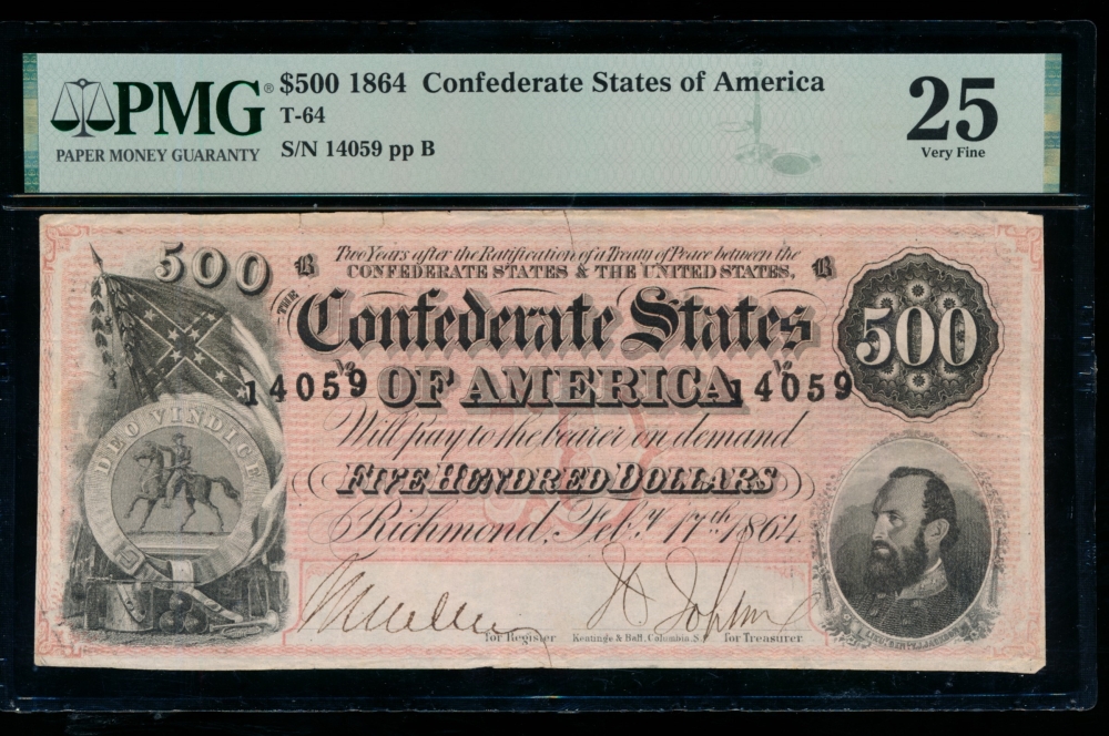 Fr. T-64 1864 $500  Confederate  PMG 25 14059