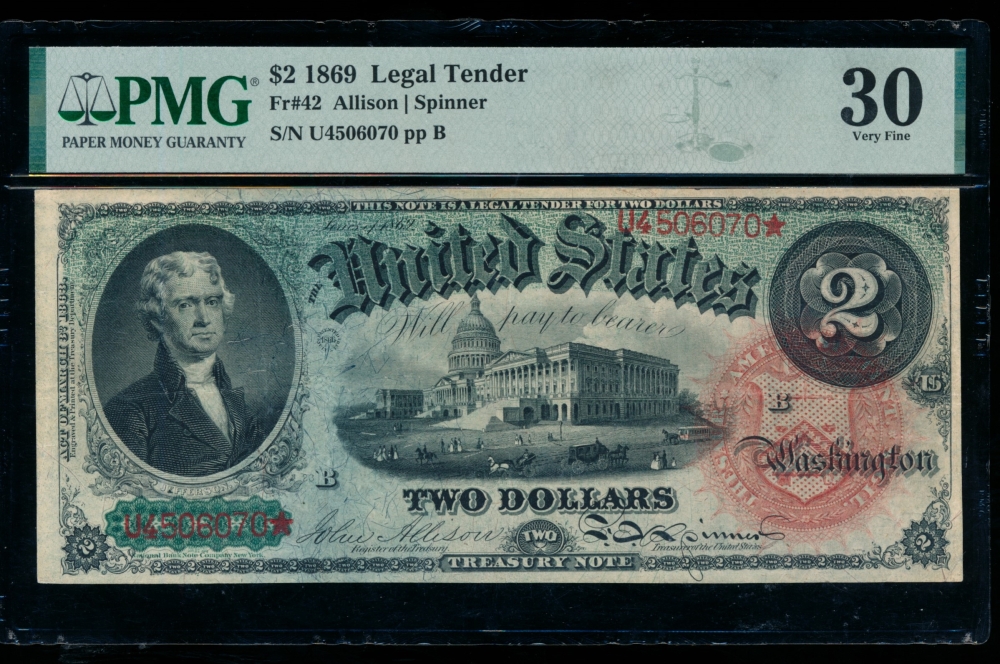 Fr. 42 1869 $2  Legal Tender  PMG 30 U4506070