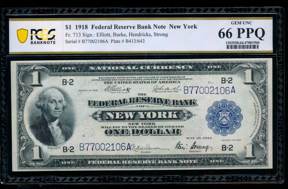 Fr. 713 1918 $1  FRBN New York PCGS 66PPQ B77002106A