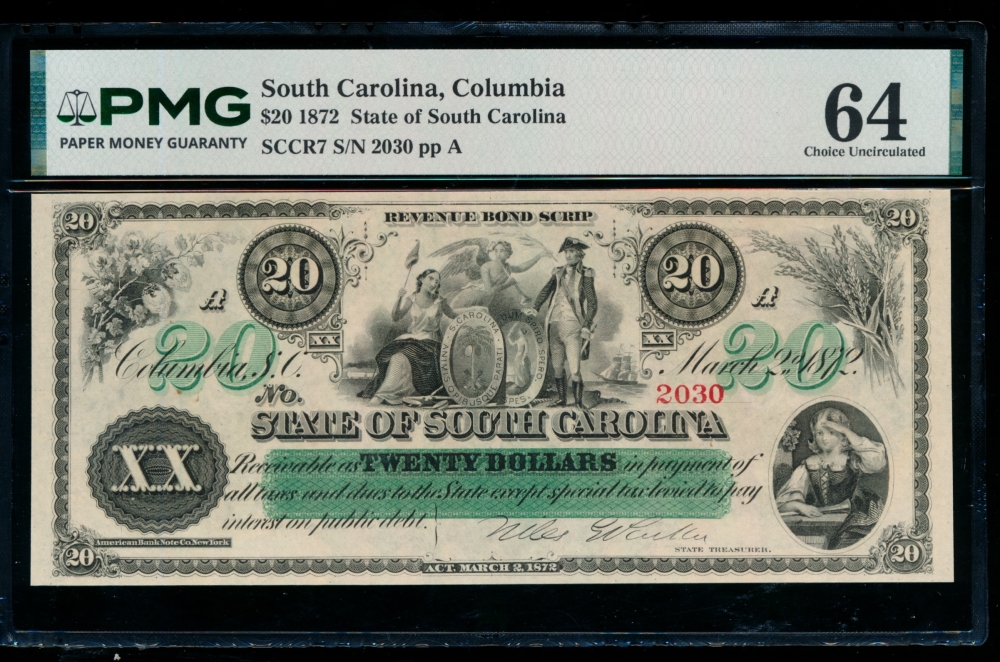 Fr. Cr SC-7 1872 $20  Obsolete State of South Carolina, Columbia, SC PMG 64 2030