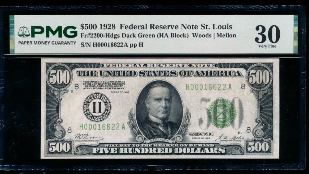 Fr. 2200-H 1928 $500  Federal Reserve Note Saint Louis PMG 30 comment H00016622A