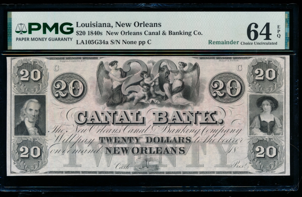 Fr. LA 105 G34 1850s $20  Obsolete New Orleans Canal & Banking Co. PMG 64EPQ no serial number