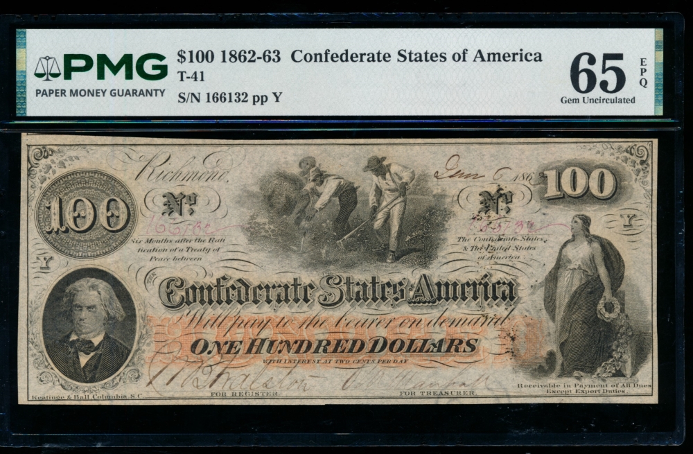 Fr. T-41 1862 $100  Confederate  PMG 65EPQ 166132