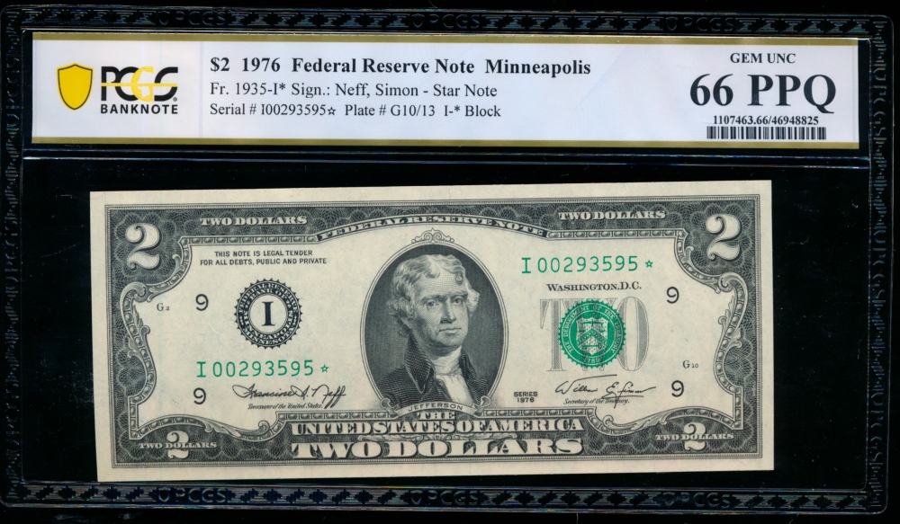 Fr. 1935-I 1976 $2  Federal Reserve Note Minneapolis star PCGS 66PPQ I00293595*