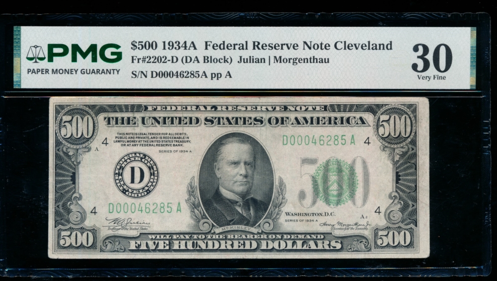 Fr. 2202-D 1934A $500  Federal Reserve Note Cleveland PMG 30 D00046285A