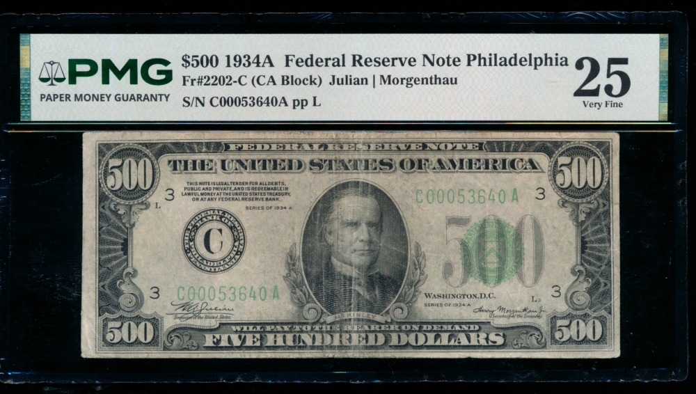 Fr. 2202-C 1934A $500  Federal Reserve Note Philadelphia PMG 25 C00053640A