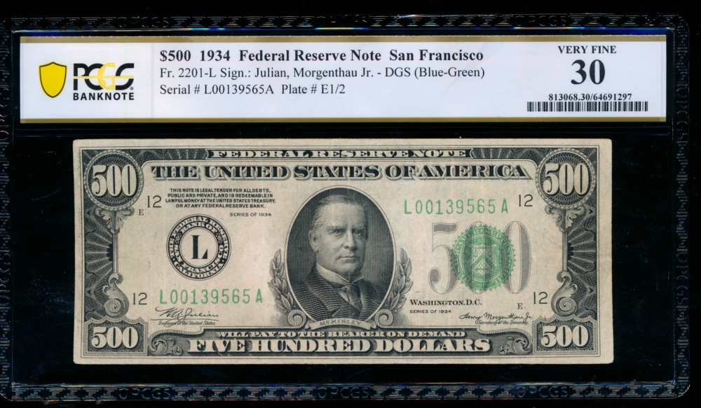 Fr. 2201-L 1934 $500  Federal Reserve Note San Francisco PCGS 30 L00139565A