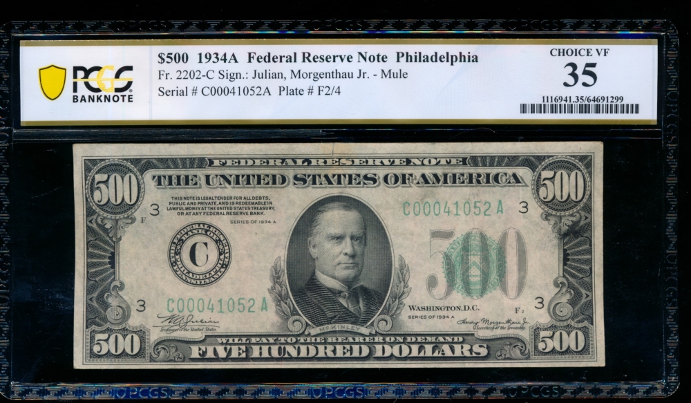 Fr. 2202-C 1934A $500  Federal Reserve Note Philadelphia PCGS 35 comment C00041052A