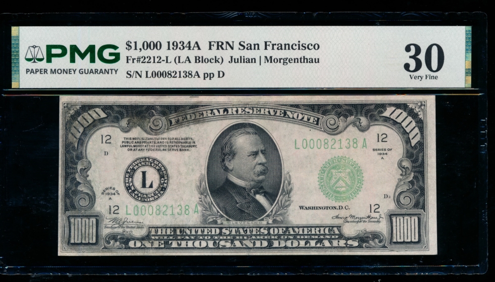Fr. 2212-L 1934A $1,000  Federal Reserve Note San Francisco PMG 30 comment L00082138A