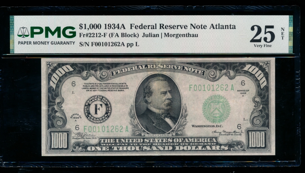 Fr. 2212-F 1934A $1,000  Federal Reserve Note Atlanta PMG 25NET F00101262A