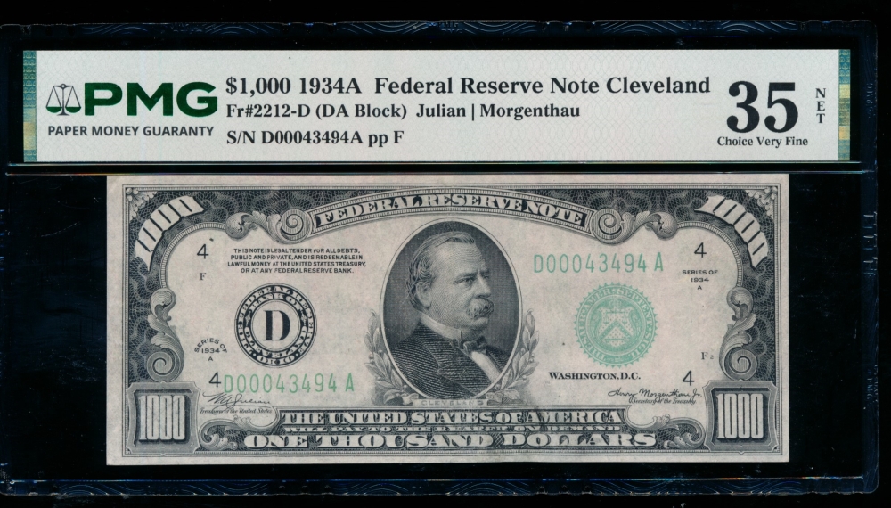 Fr. 2212-D 1934A $1,000  Federal Reserve Note Cleveland PMG 35NET D00043494A