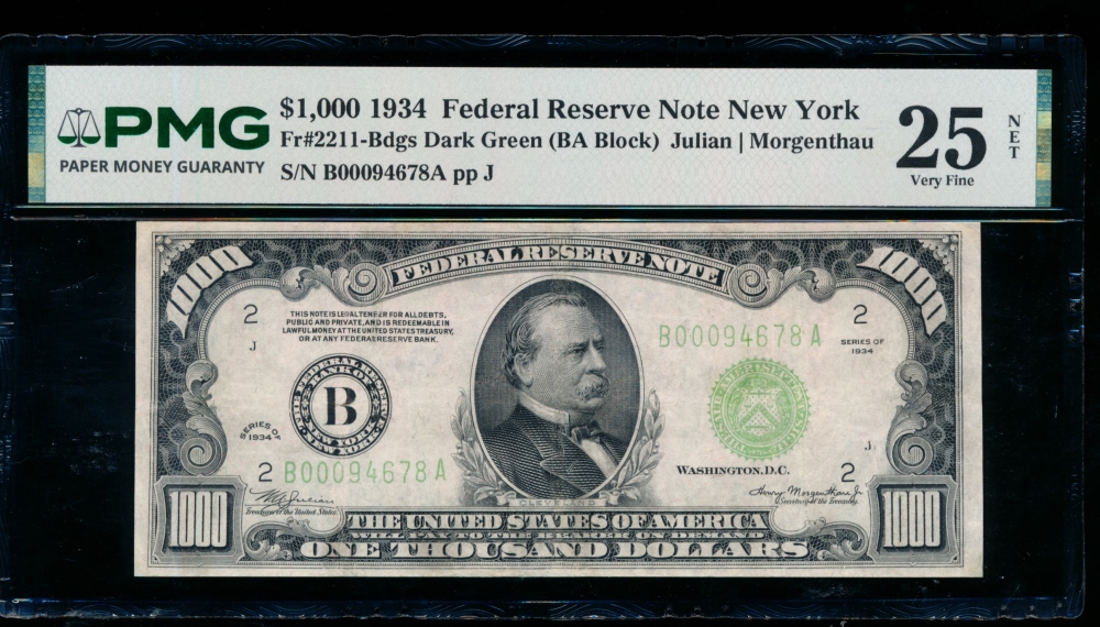 Fr. 2211-B 1934 $1,000  Federal Reserve Note New York PMG 25NET B00094678A