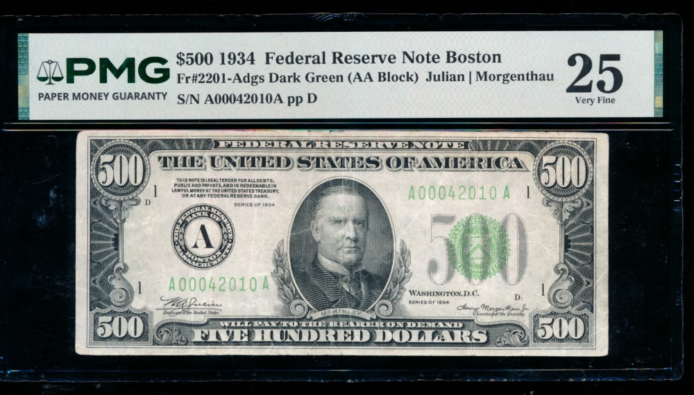 Fr. 2201-A 1934 $500  Federal Reserve Note Boston PMG 25 comment A00042010A