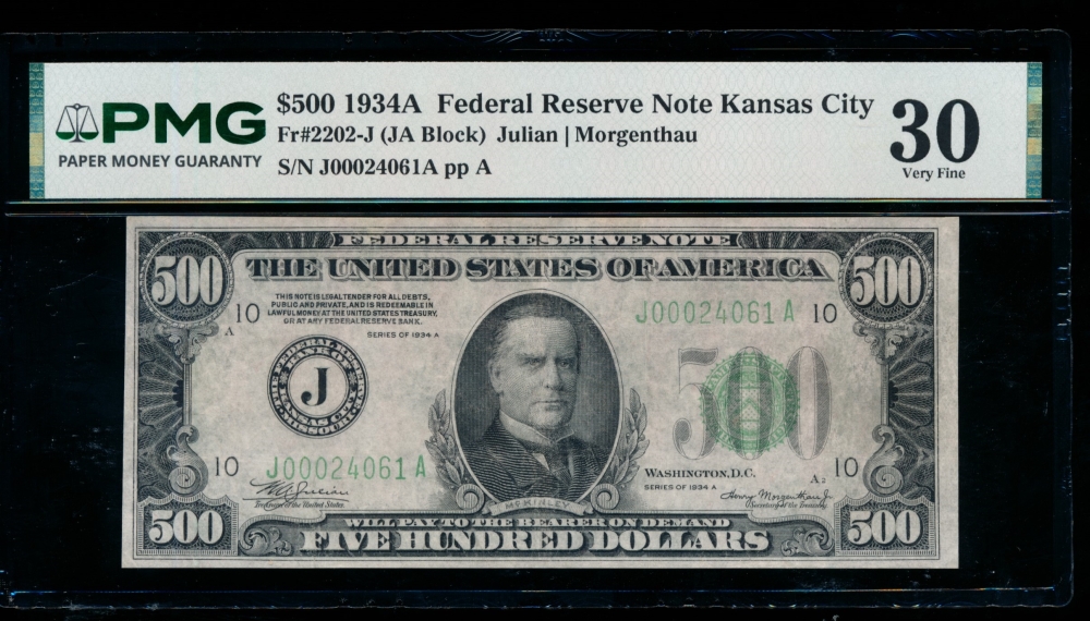 Fr. 2202-J 1934 $500  Federal Reserve Note Kansas City PMG 30 comment J00024061A