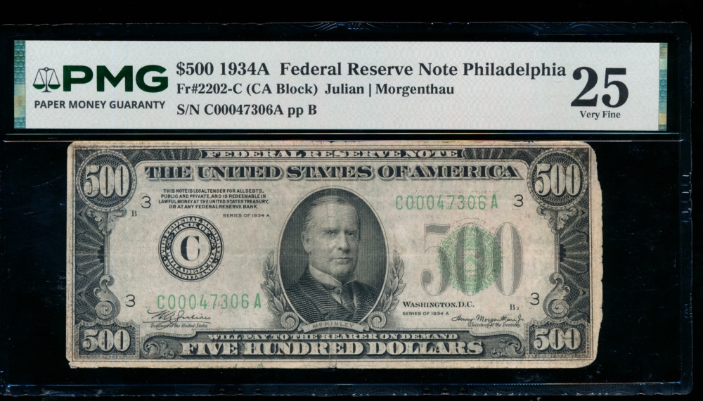 Fr. 2202-C 1934A $500  Federal Reserve Note Philadelphia PMG 25 comment C00047306A