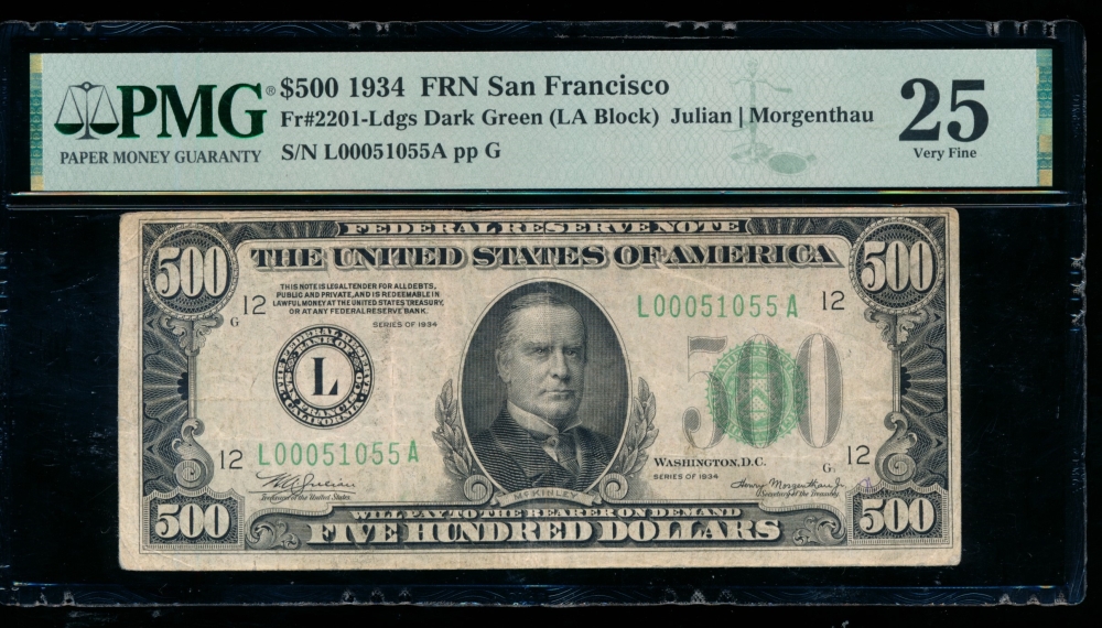 Fr. 2201-L 1934 $500  Federal Reserve Note San Francisco PMG 25 L00051055A