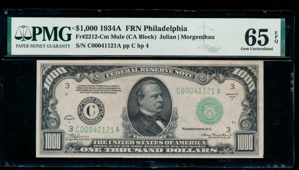 Fr. 2212-C 1934A $1,000  Federal Reserve Note Philadelphia PMG 65EPQ C00041121A