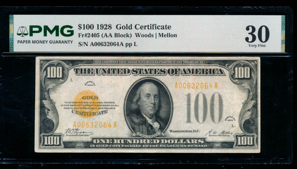 Fr. 2405 1928 $100  Gold Certificate  PMG 30 A00632064A