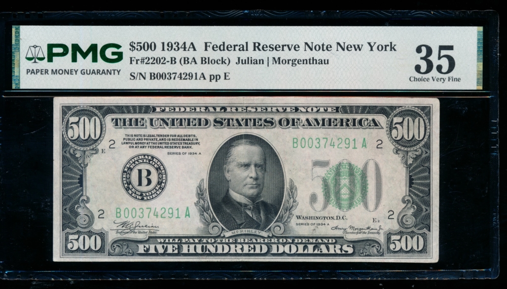 Fr. 2202-B 1934A $500  Federal Reserve Note New York PMG 35 B00374291A