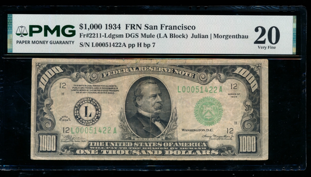 Fr. 2211-L 1934 $1,000  Federal Reserve Note San Francisco PMG 20 comment L00051422A