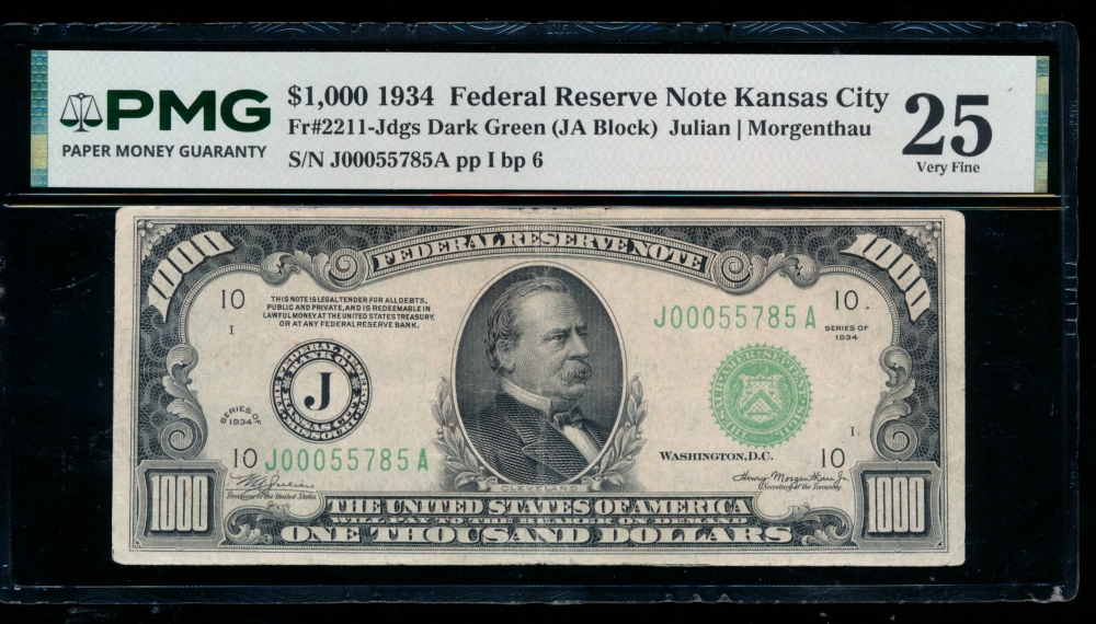 Fr. 2211-J 1934 $1,000  Federal Reserve Note Kansas City PMG 25 J00055785A