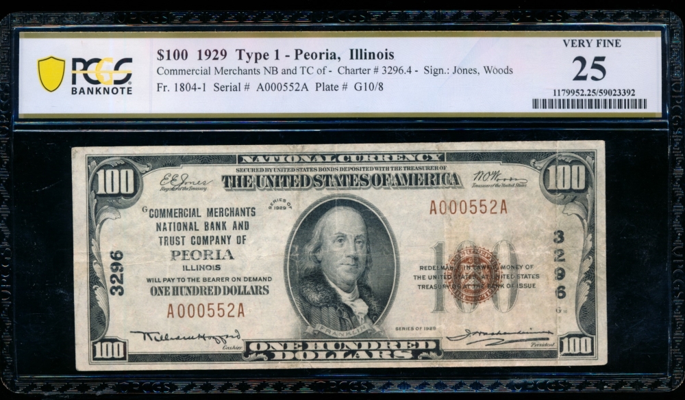 Fr. 1804-1 1929 $100  National: Type I Ch #3296 Commercial Nerchants National Bank and Trust Company of Peoria, Illinois PCGS 25 A000552A