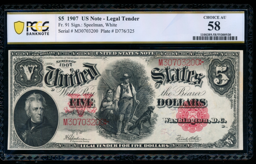 Fr. 91 1907 $5  Legal Tender  PCGS 58 comment M30703200
