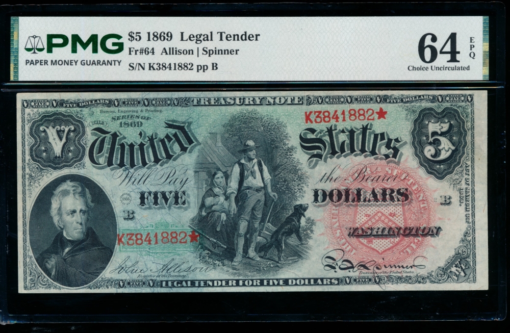 Fr. 64 1869 $5  Legal Tender  PMG 64EPQ K3841882*
