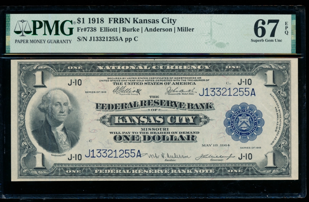 Fr. 738 1918 $1  FRBN Kansas City PMG 67EPQ J13321254A