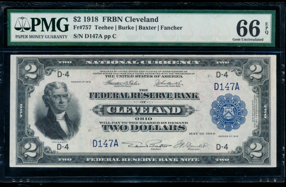 Fr. 757 1918 $2  FRBN lower serial number PMG 66EPQ D147A