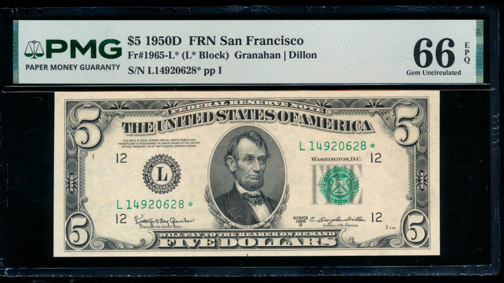 Fr. 1965-L 1950D $5  Federal Reserve Note San Francisco star PMG 66EPQ L14920628*