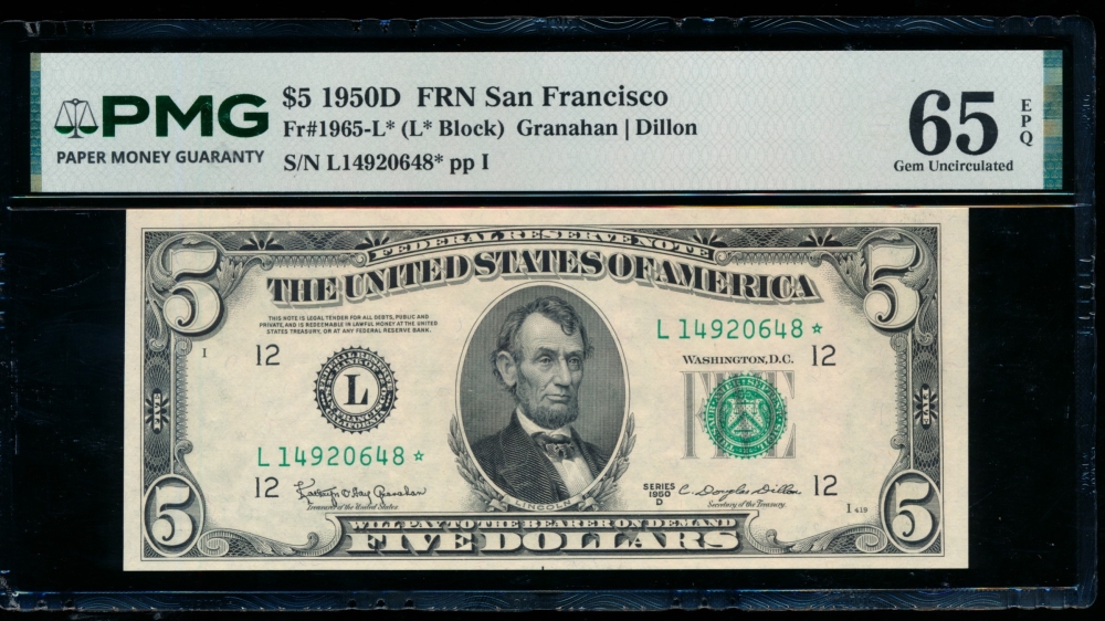 Fr. 1965-L 1950D $5  Federal Reserve Note San Francisco star PMG 65EPQ L14920648*