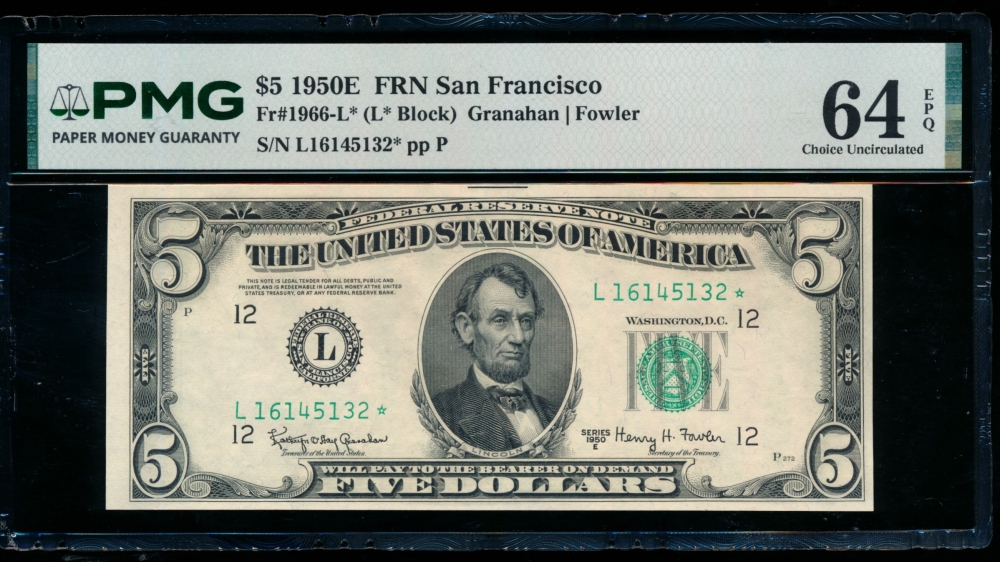 Fr. 1966-L 1950E $5  Federal Reserve Note San Francisco star PMG 64EPQ L16145132*