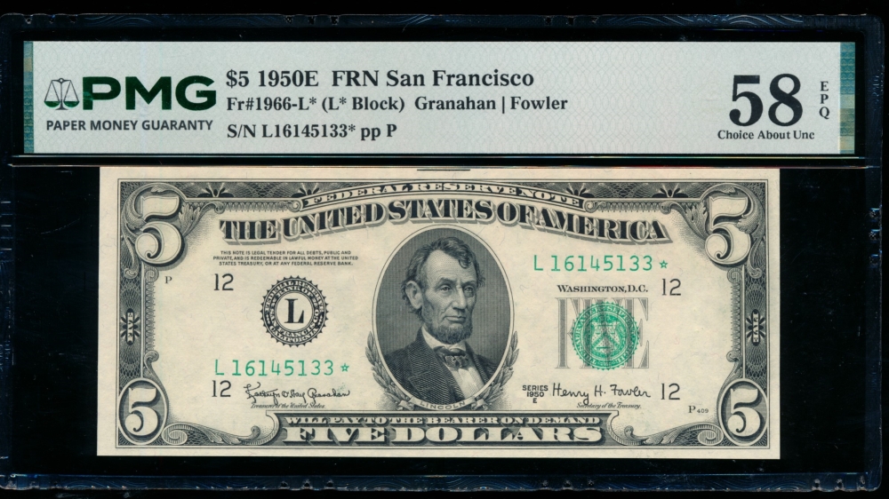 Fr. 1966-L 1950E $5  Federal Reserve Note San Francisco star PMG 58EPQ L16145133*