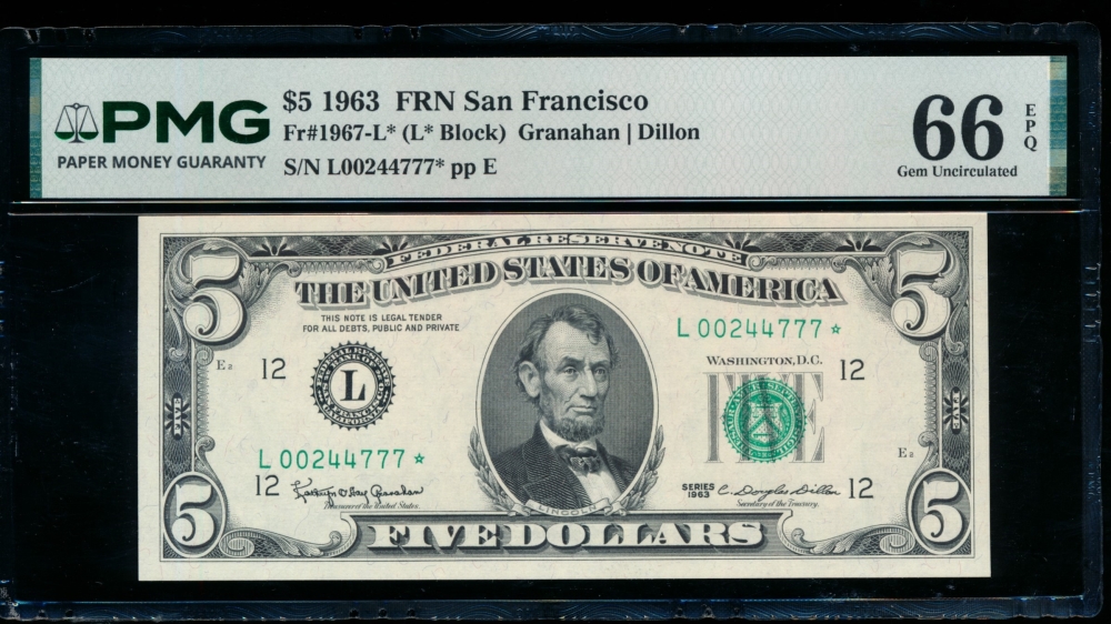 Fr. 1967-L 1963 $5  Federal Reserve Note San Francisco star PMG 66EPQ L00244777*