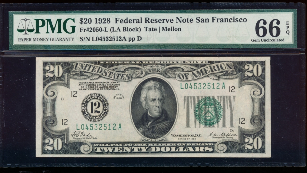 Fr. 2050-L 1928 $20  Federal Reserve Note San Francisco PMG 66EPQ L04532512A