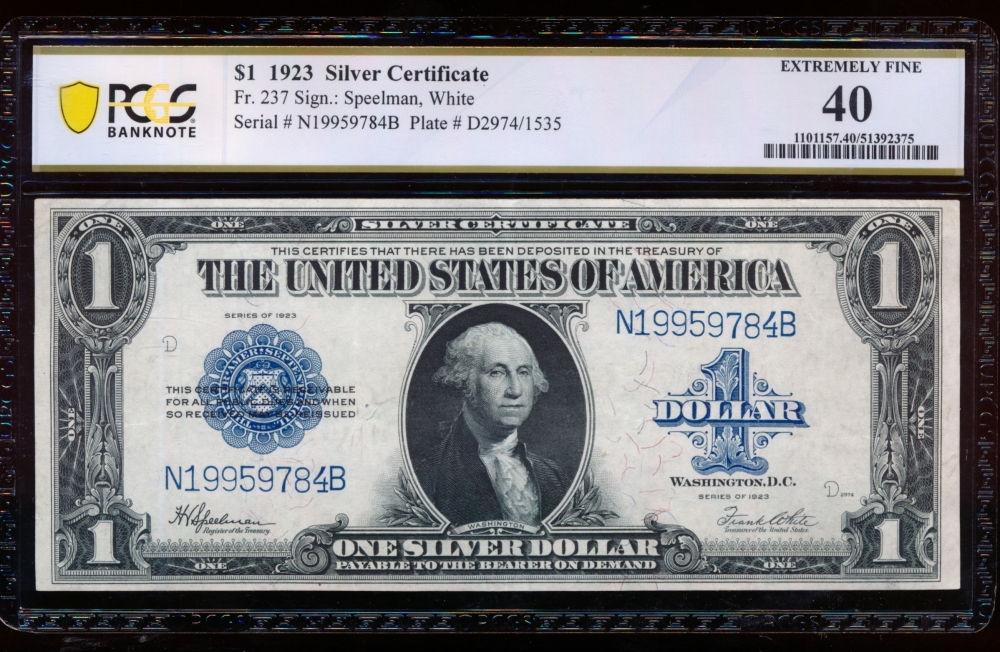 Fr. 237 1923 $1  Silver Certificate NB block PCGS 40 N19959784B