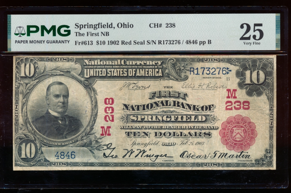 Fr. 613 1902 $10  National: Red Seal Ch #238 The First National Bank of Springfield, Ohio PMG 25 4846