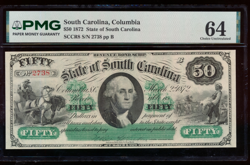 Fr. Cr SC-8 1872 $50  Obsolete State of South Carolina, Columbia, SC PMG 64 2738