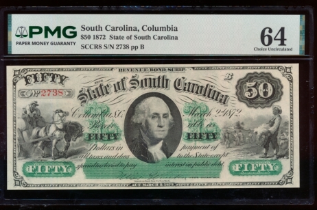 Fr. Cr SC-8 1872 $50  Obsolete State of South Carolina, Columbia, SC PMG 64 2738