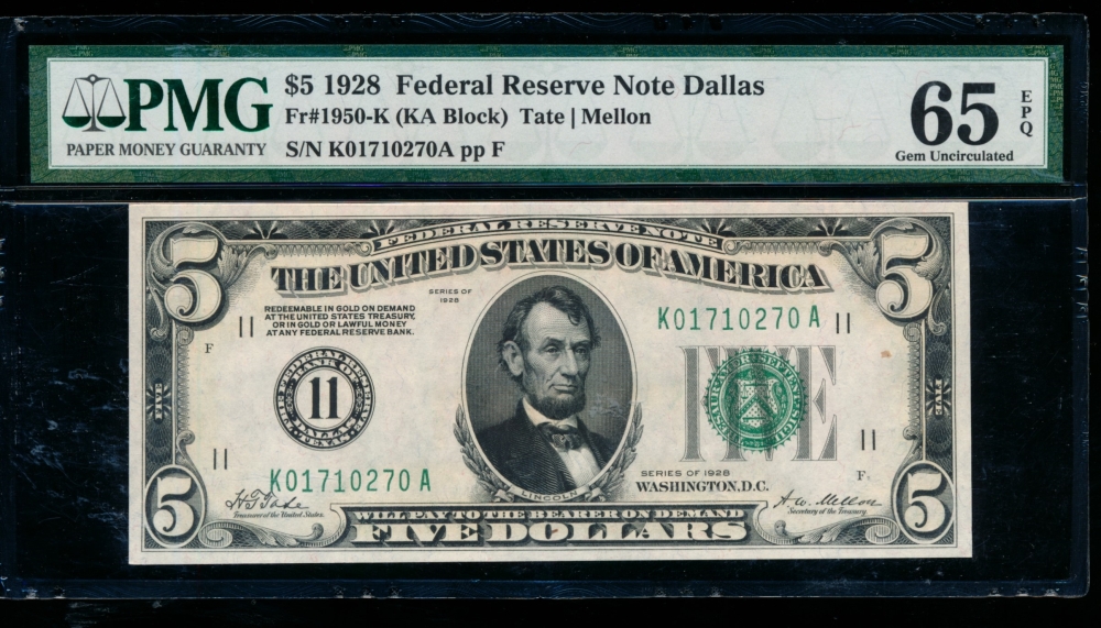 Fr. 1950-K 1928 $5  Federal Reserve Note Dallas PMG 65EPQ K01710270A