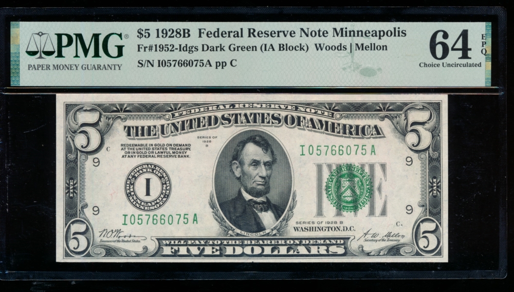 Fr. 1952-I 1928B $5  Federal Reserve Note Minneapolis PMG 64EPQ I05766075A