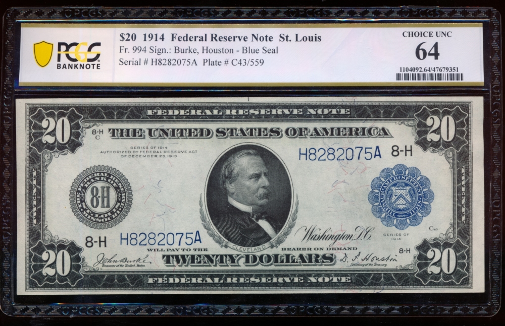 Fr. 994 1914 $20  Federal Reserve Note Saint Louis PCGS 64 H8282075A