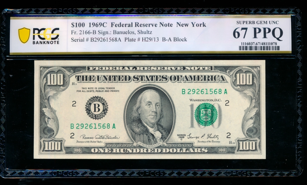 Fr. 2166-B 1969C $100  Federal Reserve Note New York PCGS 67PPQ B27261568A