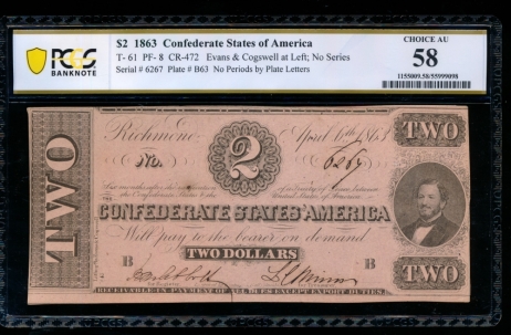 Fr. T-61 1863 $2  Confederate  PCGS 58 6267