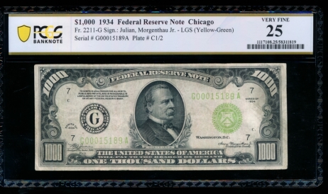 Fr. 2211-G 1934 $1,000  Federal Reserve Note Chicago LGS PCGS 25 G00015189A