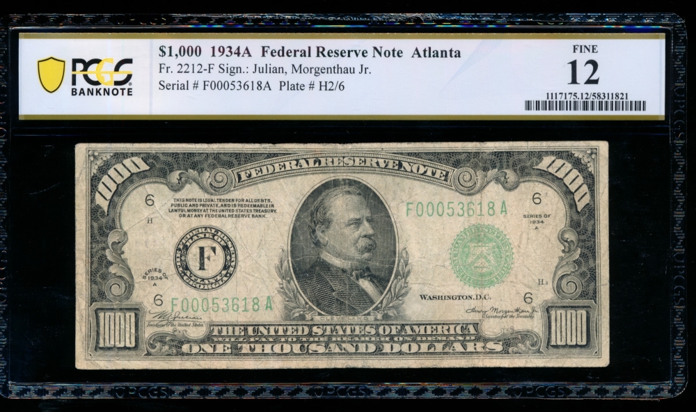 Fr. 2212-F 1934A $1,000  Federal Reserve Note Atlanta PCGS 12 F00053618A